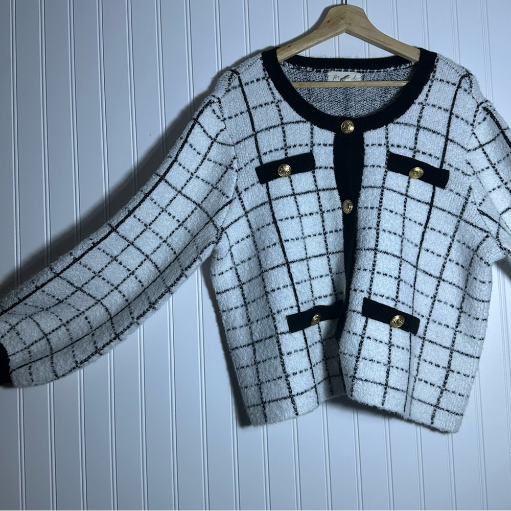 Marled Black and White Grid Pattern Blazer - Picture 13 of 15